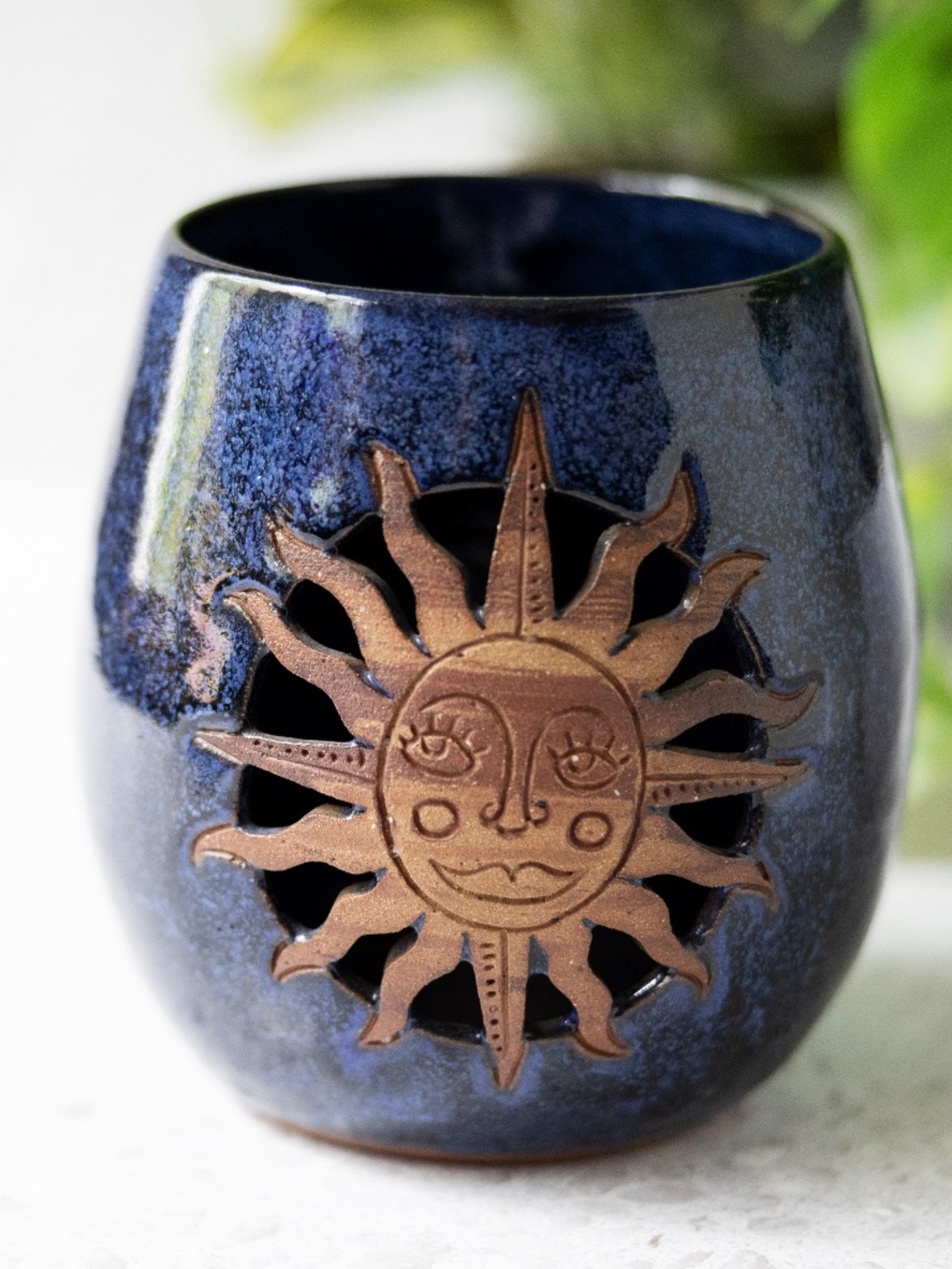 Blue ceramic pottery with inlaid wooden sun candle holder planter signed 4.75"